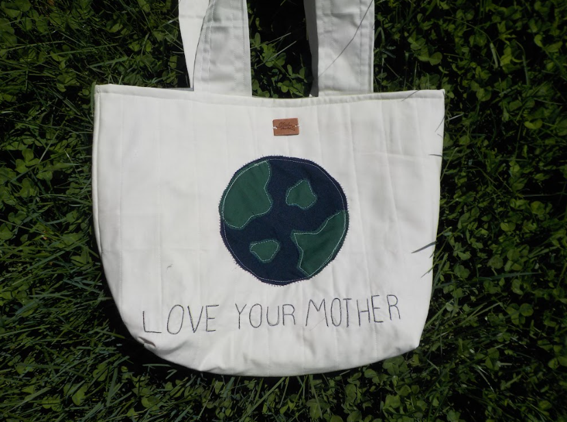 "LOVE YOUR MOTHER" quilted patchwork tote bag