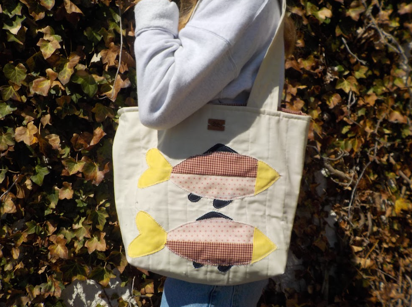 gone fishin' quilted patchwork tote bag