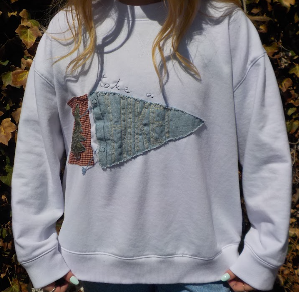 "take a hike!" patchwork crewneck